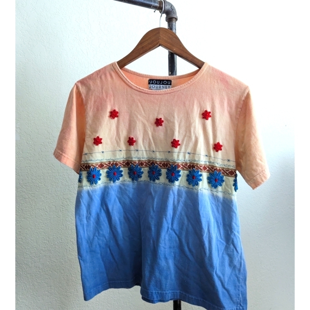 VINTAGE Jou Jou Journey Embroidery Boxy Fit Ombre Floral Crewneck Tee Shirt - Picture 1 of 4
